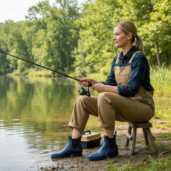 Women Starry Blue Pointed Toe Waterproof Chelsea Double Elastic Ankle Rain Boots - Picture 6 of 7